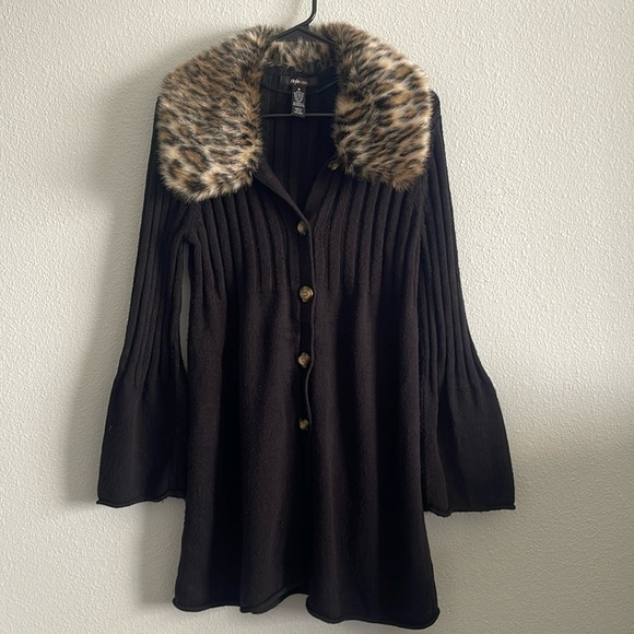 Style & Co. Sweaters - Style & Co Leopard Faux Fur Collar Flare Cuff Black Knit Long Cardigan Size M